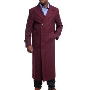 Mens Red Overcoat Trench coat - Black Diamond Burgundy Wool Double Breasted